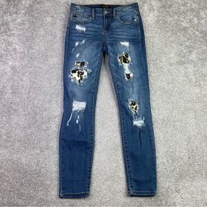 Judy Blue Jeans Women's 5/27 Blue Skinny Low Rise Dark Denim Leopard Patch Rips